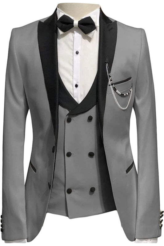Gray Three Piece Peaked Lapel Prom Suit