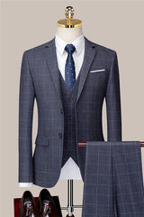 Gray Three Piece Plaid Notched Lapel Business Suit
