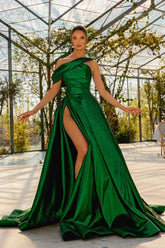 Green A Line Prom Dress Cap Sleeve Asymmetric Neck Satin Formal Dress