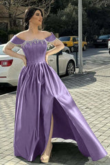 Green A Line Prom Dress Cap Sleeve Off the Shoulder Formal Dress With Beadings and Rhinestones