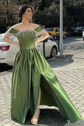 Green A Line Prom Dress Cap Sleeve Off the Shoulder Formal Dress With Beadings and Rhinestones