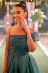 Green A Line Prom Dress Cap Sleeve One Shoulder Organza Formal Dress