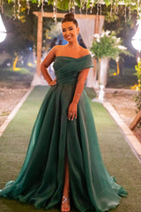 Green A Line Prom Dress Cap Sleeve One Shoulder Organza Formal Dress