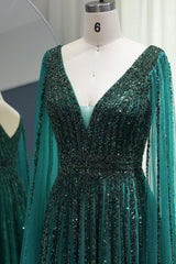 Green A Line Prom Dress Cap Sleeve V Neck Formal Dress With Beadings and Rhinestones