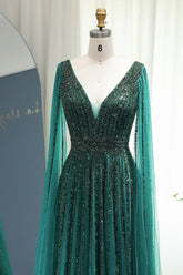Green A Line Prom Dress Cap Sleeve V Neck Formal Dress With Beadings and Rhinestones