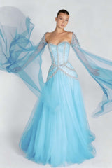 Green A Line Prom Dress Long Sleeve Sweetheart Formal Dress With Beadings and Rhinestones
