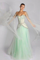 Green A Line Prom Dress Long Sleeve Sweetheart Formal Dress With Beadings and Rhinestones