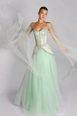 Green A Line Prom Dress Long Sleeve Sweetheart Formal Dress With Beadings and Rhinestones