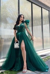 Green A Line Prom Dress Sleeveless One Shoulder Formal Dress With Beadings and Rhinestones