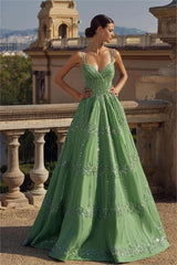 Green A Line Prom Dress Sleeveless Spaghetti Straps Formal Dress With Beadings and Rhinestones