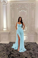 Green A Line Prom Dress Sleeveless Spaghetti Straps Formal Dress With Lace Appliques