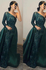 Green Detachable Train Prom Dress Long Sleeve One Shoulder Formal Dress With Sequins