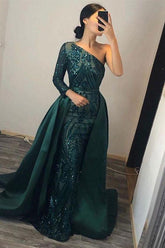 Green Detachable Train Prom Dress Long Sleeve One Shoulder Formal Dress With Sequins