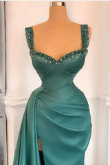Green Detachable Train Prom Dress Sleeveless Straps Formal Dress With Beadings and Rhinestones