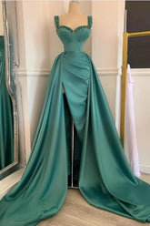 Green Detachable Train Prom Dress Sleeveless Straps Formal Dress With Beadings and Rhinestones