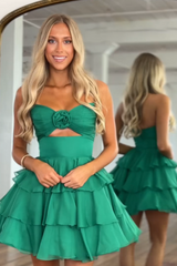 Green Floral Tiered Ruffled A Line Homecoming Dresses Short Cocktail Dresses