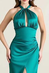 Green Formal Dress Satin Halter Long Backless Sheath Wedding Guest Dress With Slit