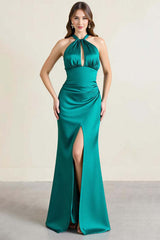 Green Formal Dress Satin Halter Long Backless Sheath Wedding Guest Dress With Slit