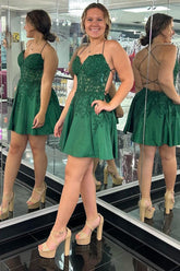 Green Homecoming Dress Appliques Heart shaped Lace Up A Line Party Short Party Cocktail Dress