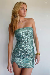 Green Homecoming Dress Sequin Strapless Bodycon Fitting Short Party Cocktail Dress
