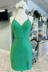 Green Homecoming Dresses Beaded Sequin Backless Tight Short Cocktail Dresses
