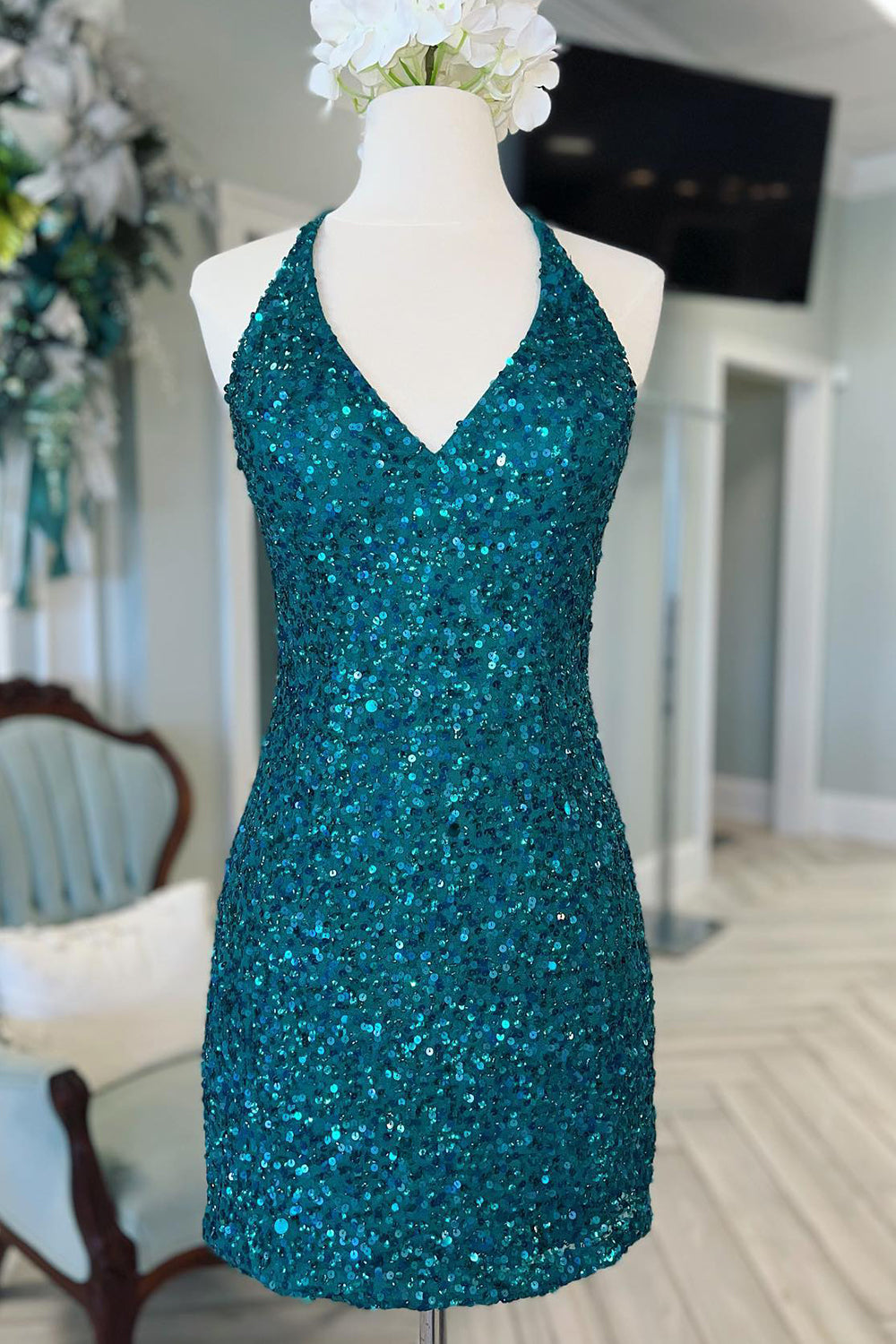 Green Homecoming Dresses Sequin Backless Tight Short Cocktail Dresses