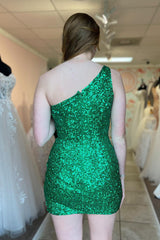 Green Homecoming Dresses Sequined One Shoulder Tight Short Cocktail Dresses