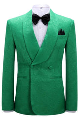 Green Jacquard Double Breasted Shawl Lapel Wedding Suit