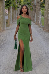 Green Mermaid Prom Dress Cap Sleeve Asymmetric Neck Satin Formal Dress