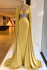 Green Mermaid Prom Dress Cap Sleeve Halter Neck Formal Dress With Beadings and Rhinestones