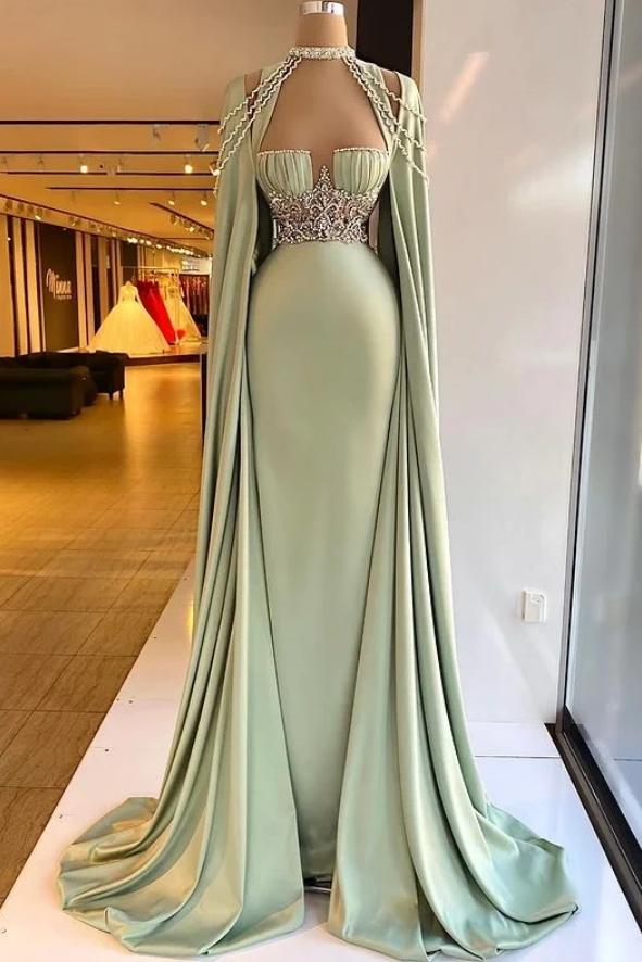 Green Mermaid Prom Dress Cap Sleeve Halter Neck Formal Dress With Beadings and Rhinestones