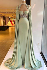 Green Mermaid Prom Dress Cap Sleeve Halter Neck Formal Dress With Beadings and Rhinestones