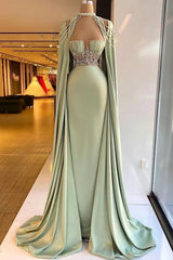 Green Mermaid Prom Dress Cap Sleeve Halter Neck Formal Dress With Beadings and Rhinestones
