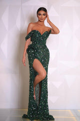 Green Mermaid Prom Dress Cap Sleeve One Shoulder Formal Dress With Beadings and Rhinestones