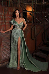 Green Mermaid Prom Dress Cap Sleeve One Shoulder Formal Dress With Sequins