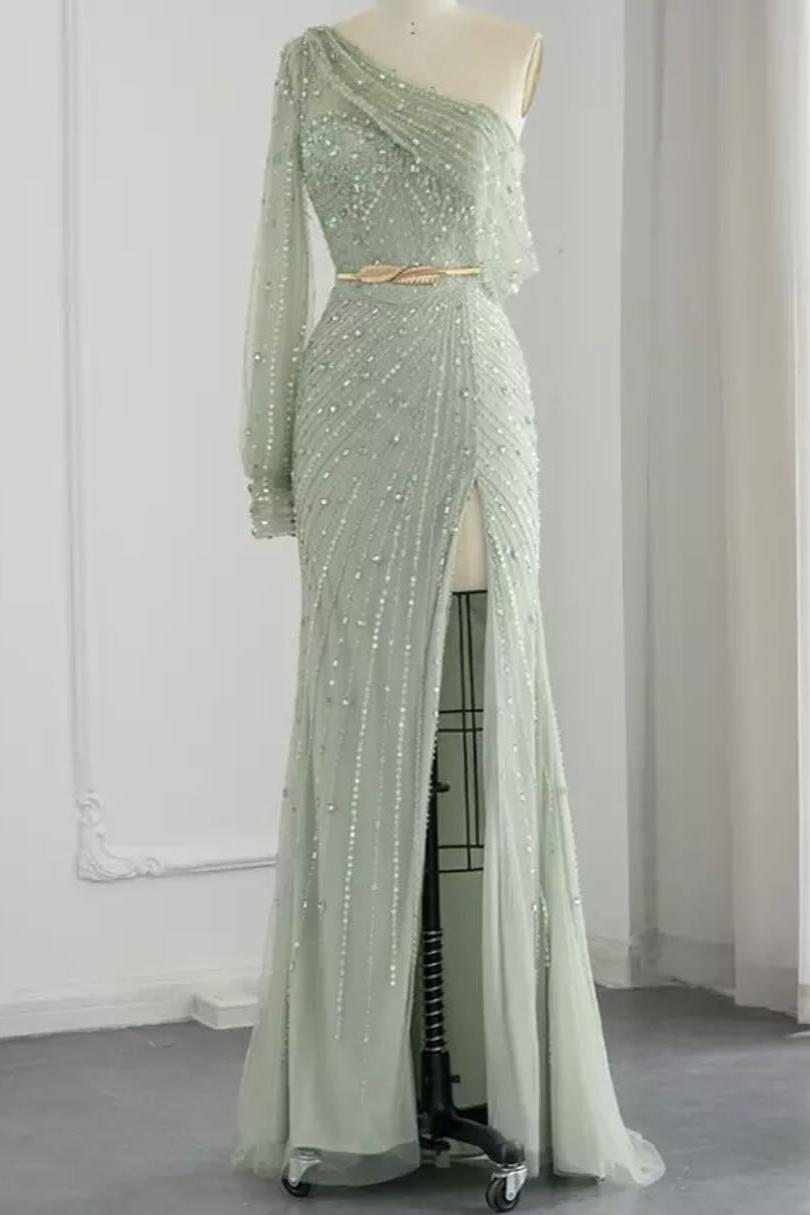 Green Mermaid Prom Dress Long Sleeve Asymmetric Formal Dress With Beadings and Rhinestones