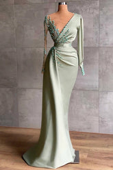 Green Mermaid Prom Dress Long Sleeve Asymmetric Neck Formal Dress With Lace Appliques