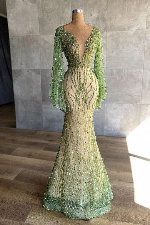 Green Mermaid Prom Dress Long Sleeve Crew Neck Formal Dress With Beadings and Rhinestones