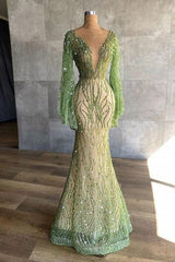 Green Mermaid Prom Dress Long Sleeve Crew Neck Formal Dress With Beadings and Rhinestones