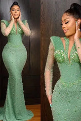 Green Mermaid Prom Dress Long Sleeve Crew Neck Formal Dress With Sequins