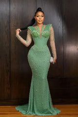 Green Mermaid Prom Dress Long Sleeve Crew Neck Formal Dress With Sequins