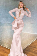 Green Mermaid Prom Dress Long Sleeve High Neck Formal Dress With Beadings