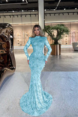 Green Mermaid Prom Dress Long Sleeve High Neck Formal Dress With Beadings and Rhinestones
