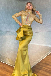 Green Mermaid Prom Dress Long Sleeve High Neck Formal Dress With Beadings