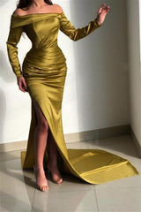 Green Mermaid Prom Dress Long Sleeve Off the Shoulder Satin Formal Dress