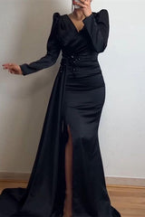 Green Mermaid Prom Dress Long Sleeve V Neck Formal Dress With Beadings and Rhinestones