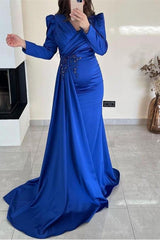Green Mermaid Prom Dress Long Sleeve V Neck Formal Dress With Beadings and Rhinestones