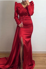 Green Mermaid Prom Dress Long Sleeve V Neck Formal Dress With Beadings and Rhinestones