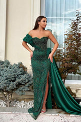 Green Mermaid Prom Dress One Shoulder Cap Sleeve Formal Dress With Beadings and Rhinestones