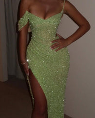 Green Mermaid Prom Dress One Shoulder Cap Sleeve Formal Dress With Sequins